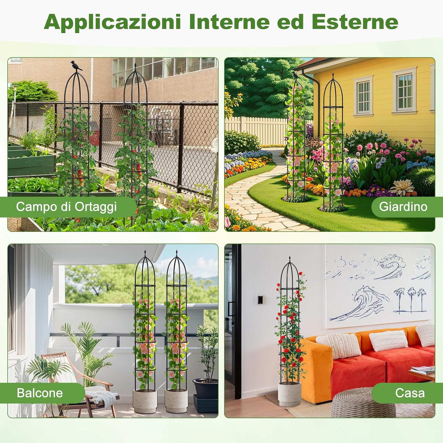 2 Trellis da Giardino per Piante Rampicanti 197 cm, 2 Tralicci in Metallo a Obelisco per Piante in Vaso, Supporto da Giardino per Verdure, Fiori, Pomodori, Rose e Clematidi