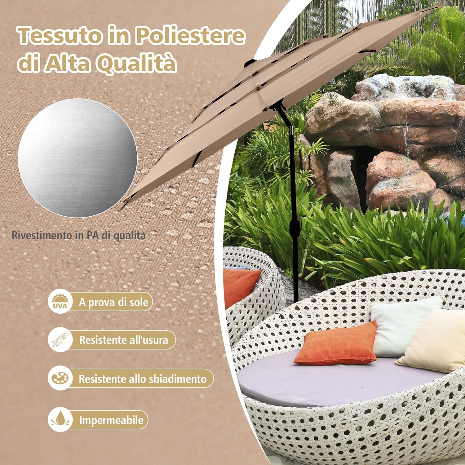 Ombrellone da Giardino 293 cm a 3 Livelli, Ombrellone da Esterno con Doppia Ventilazione, Inclinazione Regolabile, con Manovella 8 Stecche, Ombrellone da Spiaggia Giardino Piscina (Caffè)