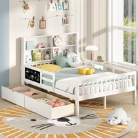Letto matrimoniale con 2 cassetti, Legno per bambini con libreria e lavagna Bianco-Lettini per bimbi
