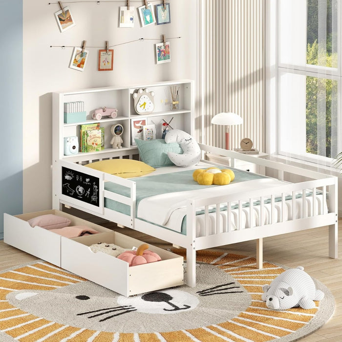 Letto matrimoniale con 2 cassetti, Legno per bambini con libreria e lavagna Bianco-Lettini per bimbi
