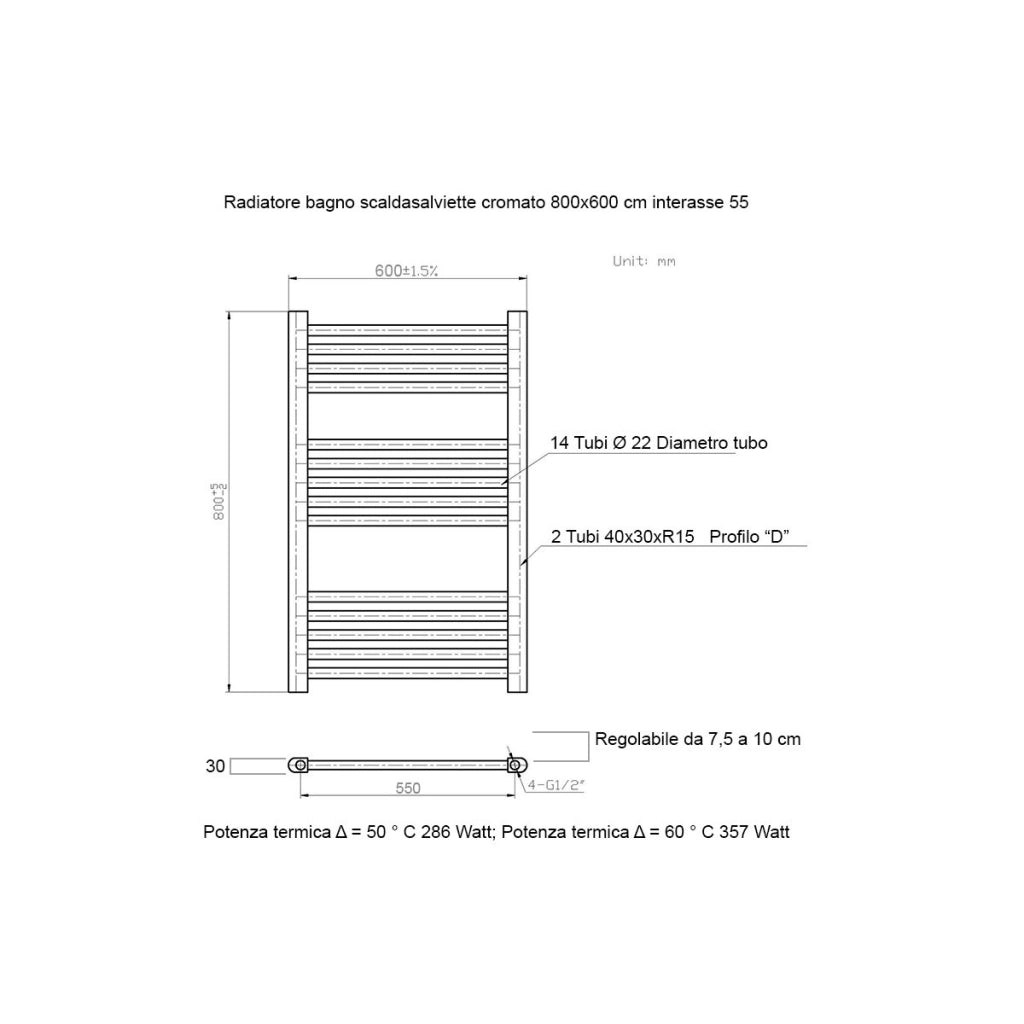 Scaldasalviette termoarredo 80x60 cromato interasse 55 cm idraulico