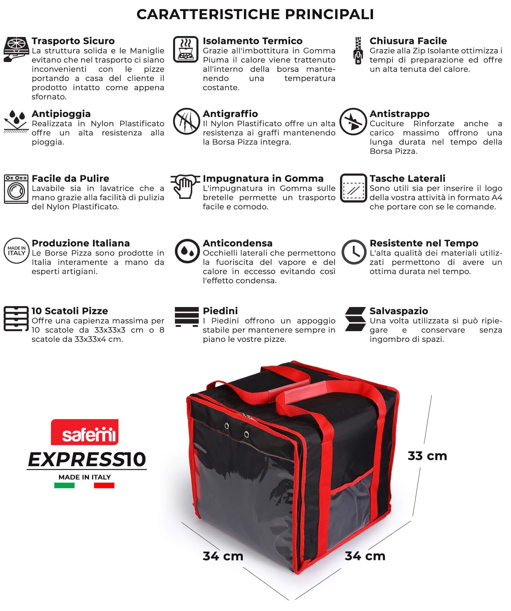 Borsa Termica Porta Pizze da Asporto 8/10 Cartoni Safemi Express 10 Nera e Rossa