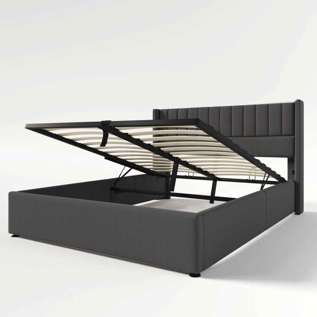 Letti contenitori 160x200 cm; apertura idraulica; lino; grigio (Senza materasso)