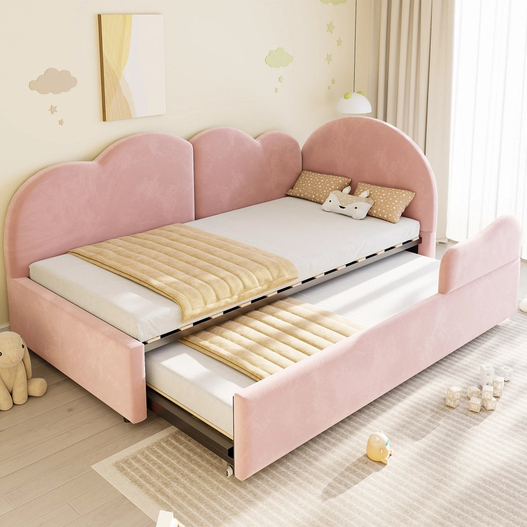 Letto imbottito L con letto estraibile e testiera a forma di nuvola in velluto rosa per camera da letto