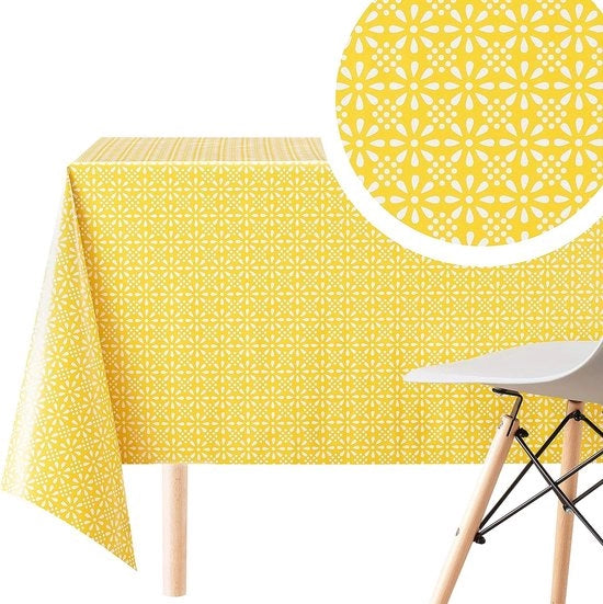 Tavolo in PVC giallo con fiori bianchi a stampo retro, asciugabile, dimensioni 200 x 140 cm, a forma rettangolare, con fiori di vite classici, facile da pulire, impermeabile.