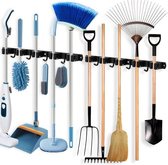 Organizzatore per secchi e bacinelle da muro in acciaio inossidabile - Organizzatore di attrezzi per giardinaggio Heavy Duty - Scaffale autoadesivo per garage con 5 rack e 4 ganci