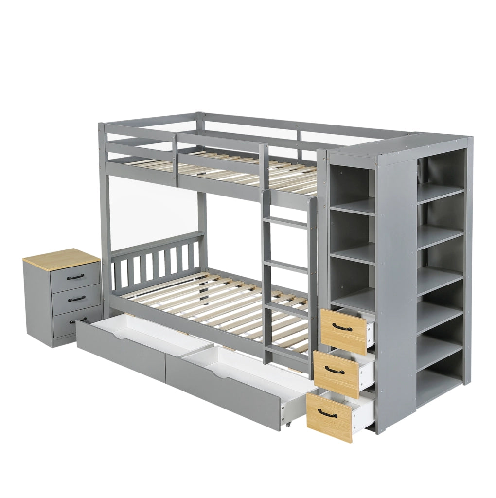 Letto a castello grigio in legno 90x200 cm con cassetti, scaletta e comodino mobile