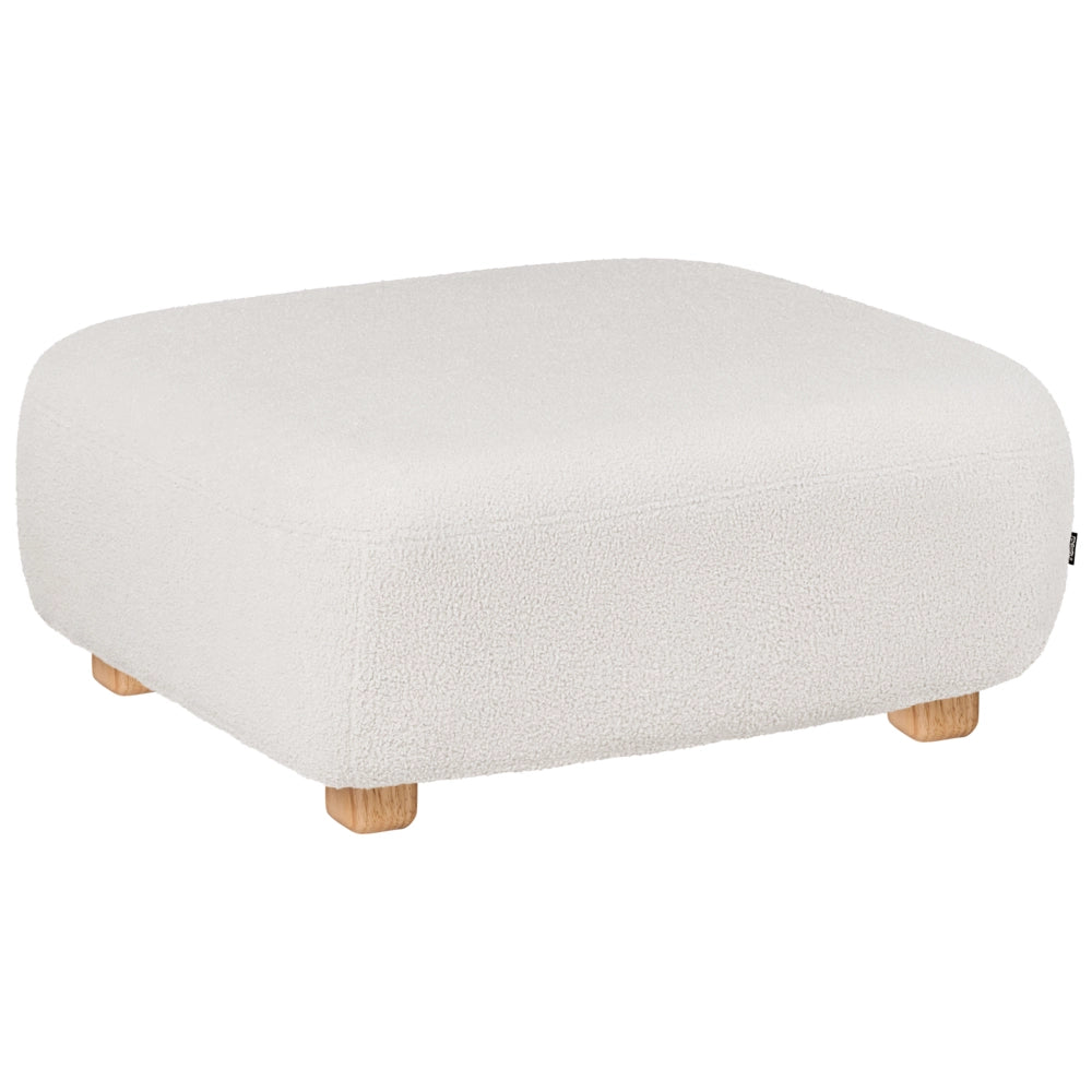 Pouf ottomano rettangolare imbottito in tessuto bouclè bianco sporco idrorepellente, modulo divano con gambe in legno, modello moderno monoposto