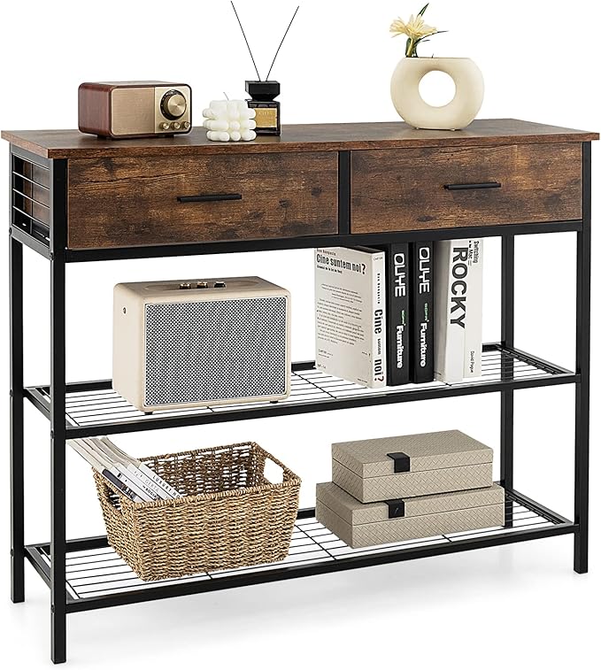 Tavolo Consolle in Legno, Tavolo da Ingresso con 2 Cassetti e 2 Ripiani, Tavolo Multifunzionale e Moderno per Ingresso, Soggiorno e Corridoio, 100 x 30 x 81,5 cm (Marrone Rustico)