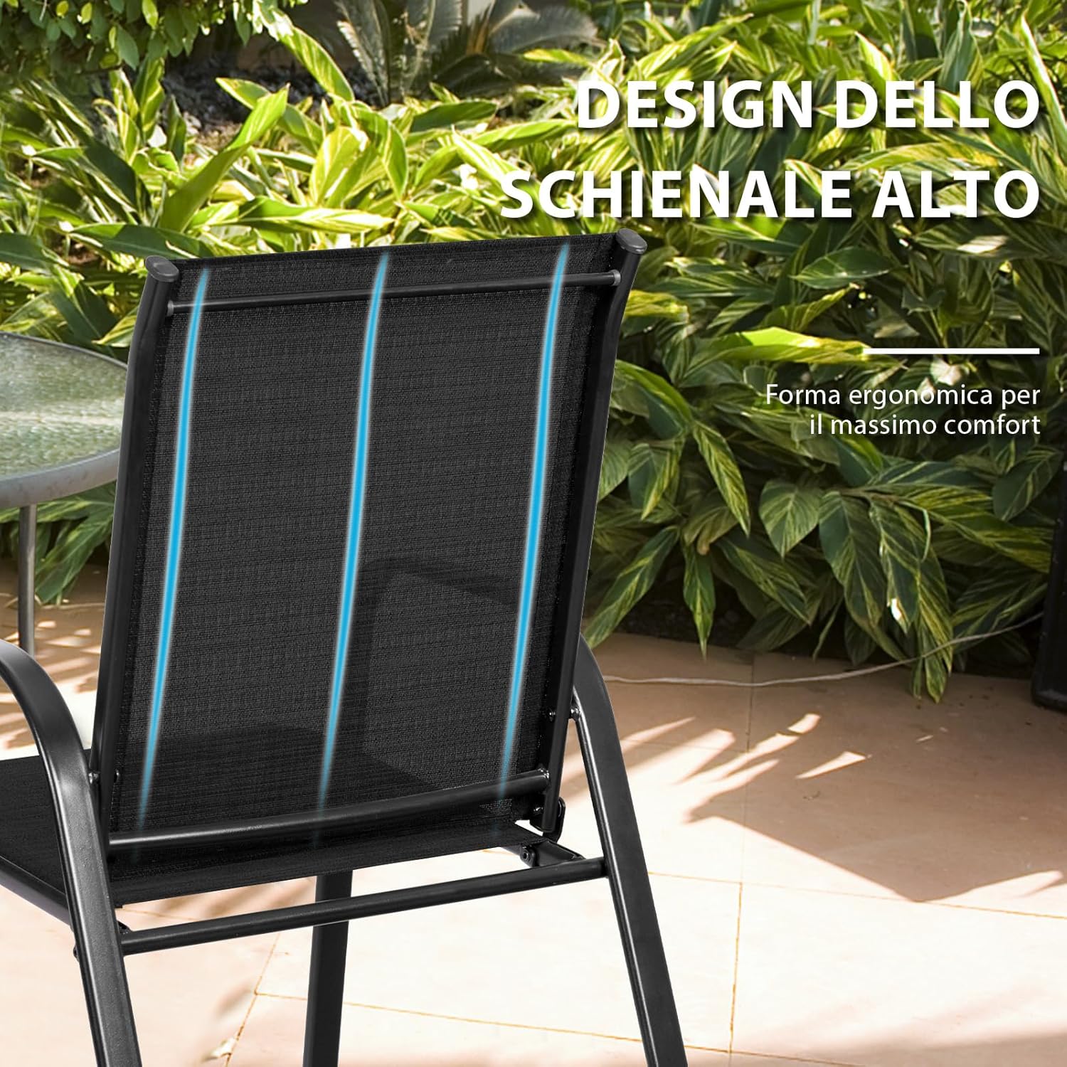 Set di 2 Sedie da Giardino, Sedie da Giardino per Patio in Textilene, con Braccioli Curvi, Telaio in Metallo, Sedia da Bistrot Portata 200 kg, Per Giardino Patio, 56 x 72 x 90 cm (Nero)