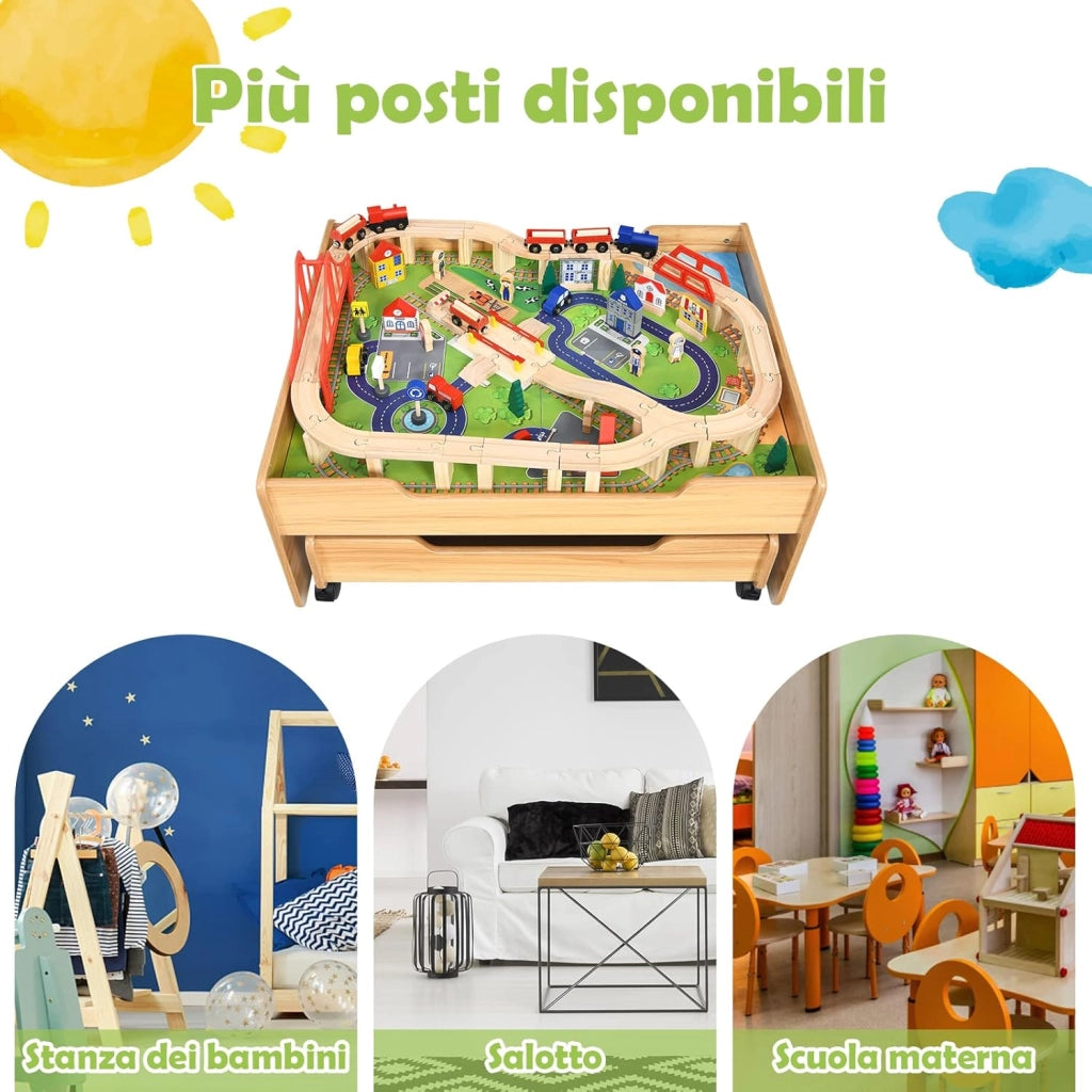 Set Tavolo di Legno con Binari Ferroviari per Bambini, Tavolo Attività e Cassetto con Ruote Bloccabili, con 100 Pezzi Multicolore, Struttura Resistente, Regalo per Bambini +3 anni