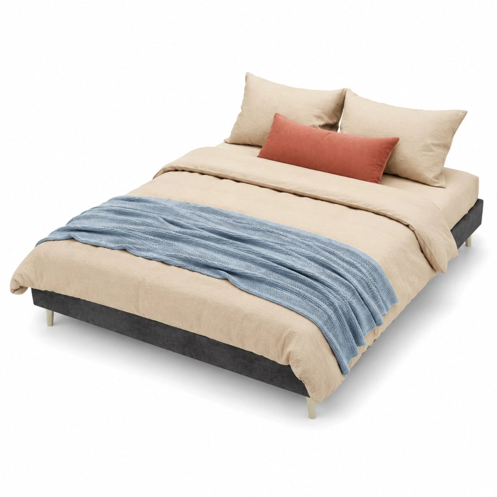 Letto matrimoniale moderno 160x200 cm grigio in velluto, struttura bassa, stile minimalista