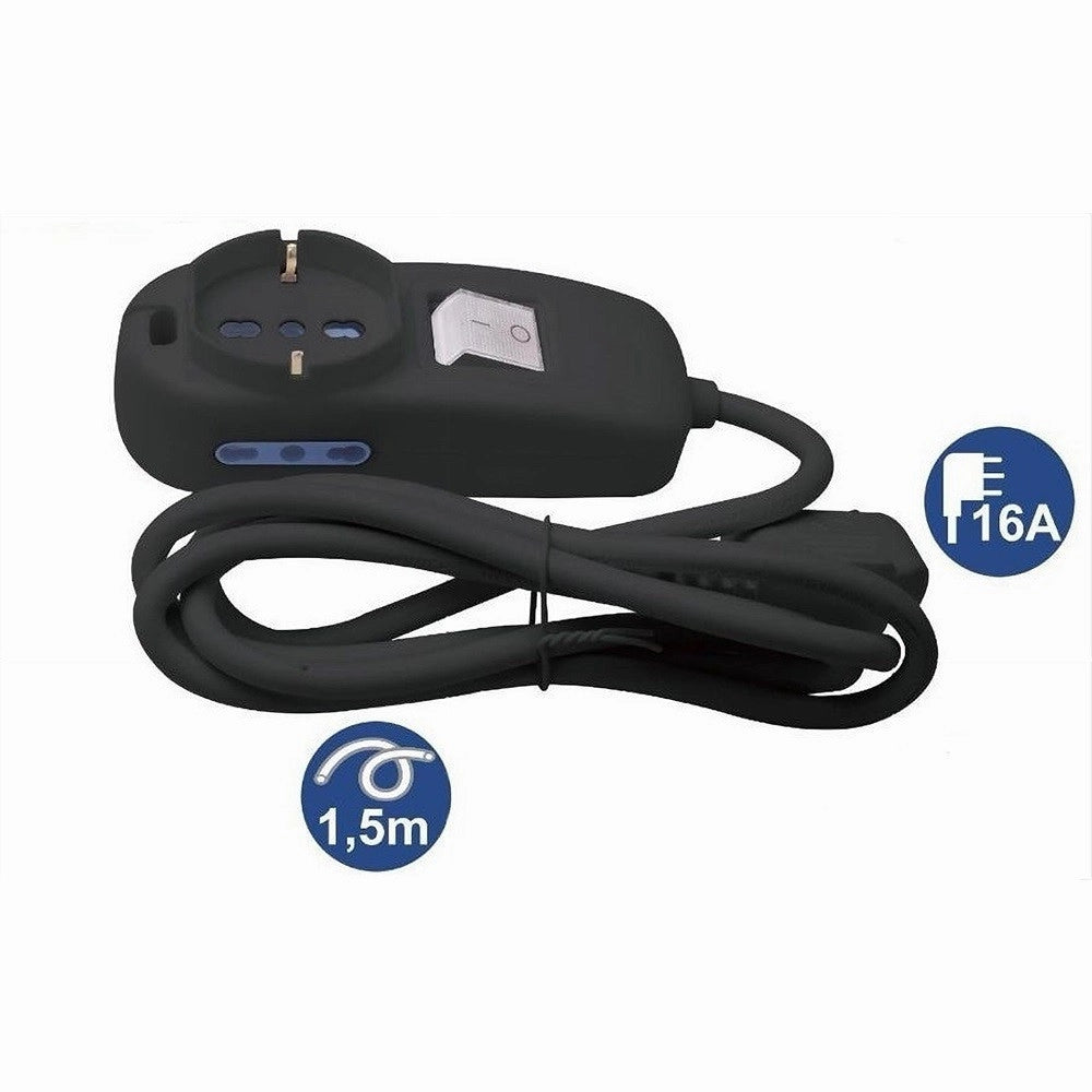 Trade Shop - Multipresa 1 Uscite Universali+2 Bipasso 10/16a Spina 16a Cavo 1.5mt Nera 80336n -