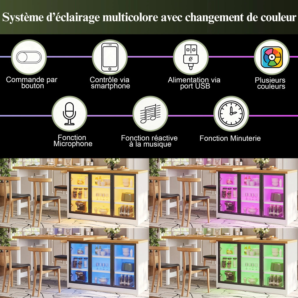 Tavolo da pranzo con armadio laterale; piano girevole a 360°; luce multicolore; per cucina e sala da pranzo; 120 × 40 × 72 cm