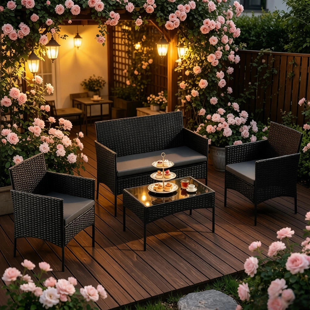 Mobili Da Giardino Per 4 Persone Nero Rattan Ferro Vetro Tavolo 71 Cm Salotto Esterno