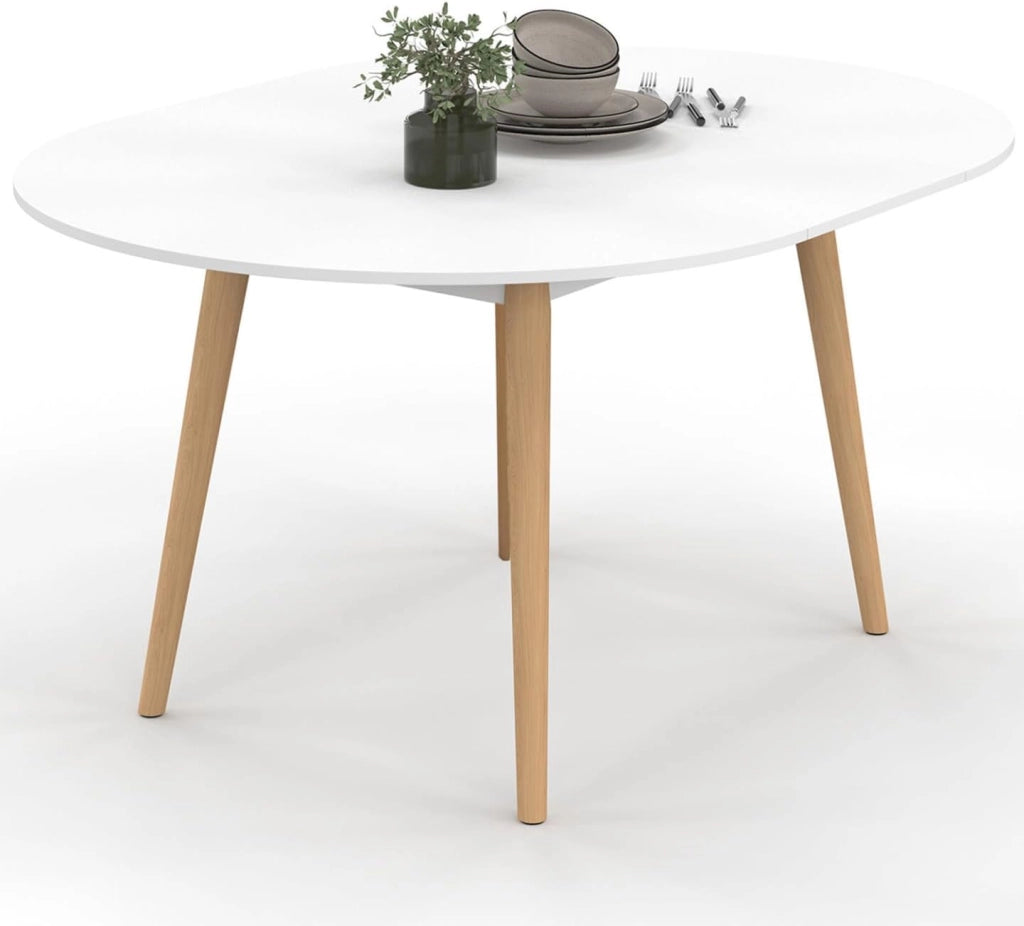 ANGELA tavolo da pranzo rotondo allungabile 4-8 persone gamba in legno bianco 110-150 cm