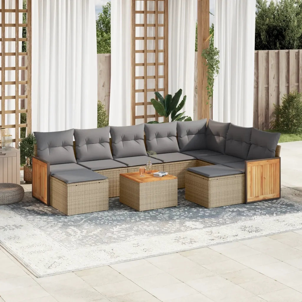 Set Divano da Giardino 10 pz con Cuscini Beige in Polyrattan