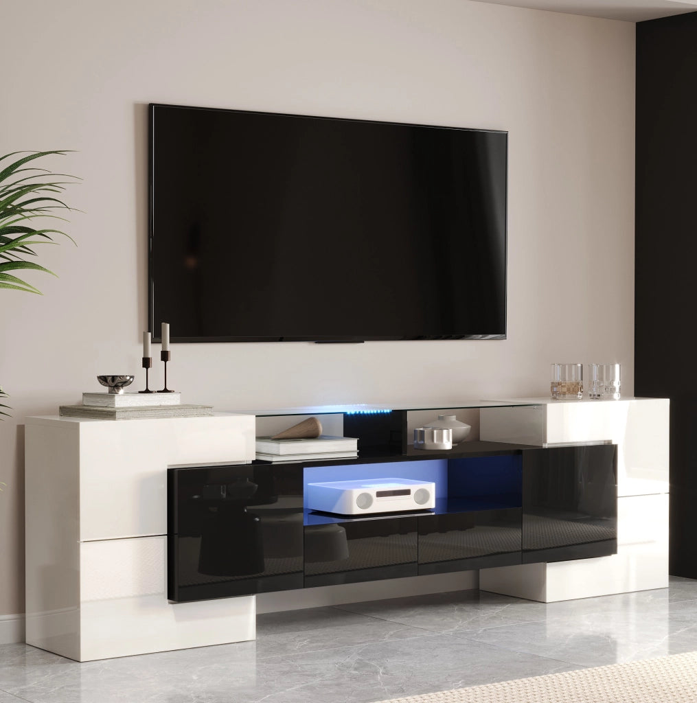 Mobile TV moderno 200x35x60 cm bianco e nero lucido con LED, 6 ante, 2 cassetti e 3 vani