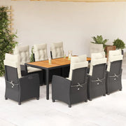 Set da Pranzo da Giardino 9 pz con Cuscini Nero in Polyrattan