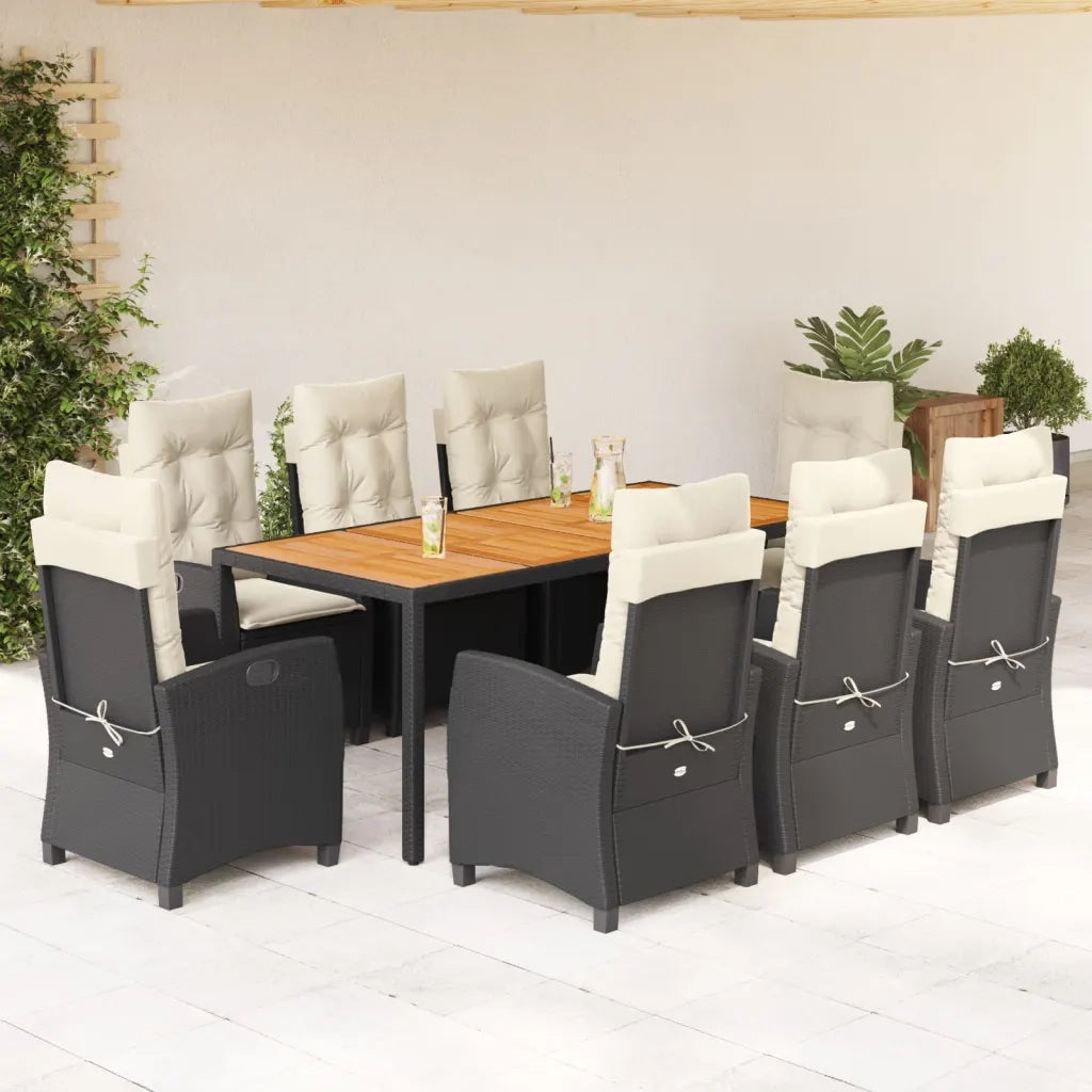 Set da Pranzo da Giardino 9 pz con Cuscini Nero in Polyrattan