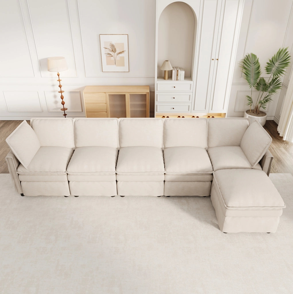 Divano modulare XXL con funzione letto; configurabile a U o L; chenille beige 344 cm