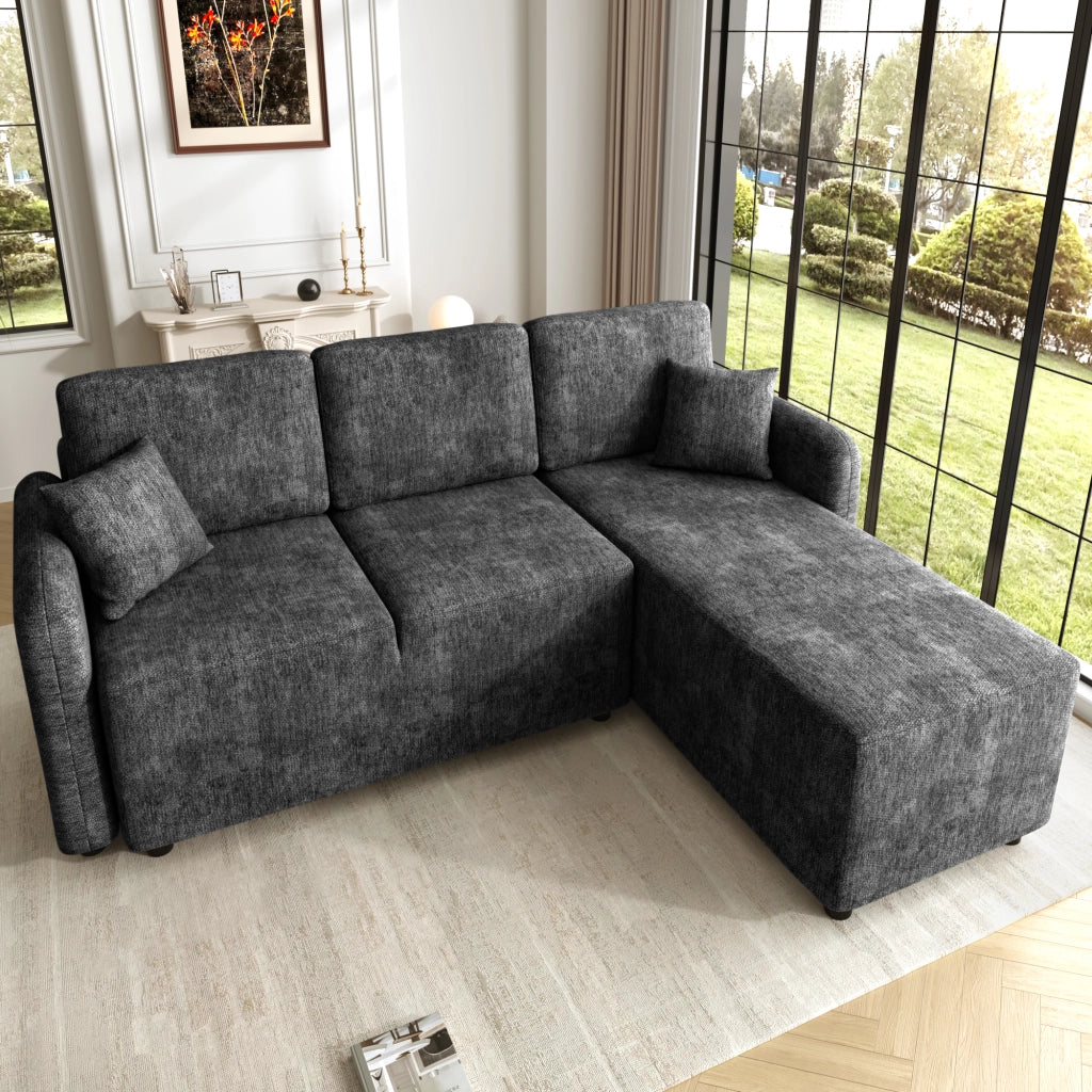 Divano angolare 3 posti - con area relax a L e 2 cuscini - in chenille nera
