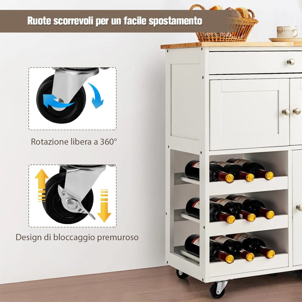 Carrello da Cucina, con Portabottiglie Tre Ante e Ruote, Credenza Cucina in Legno di Pino e MDF, Ideale per Soggiorno, 67 x 37 x 86 cm (Bianco)