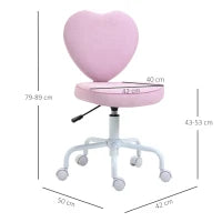 Sedia per Scrivania a Forma di Cuore con 5 Rotelle e Altezza Regolabile in Tessuto Rosa, 42x50x79-89cm