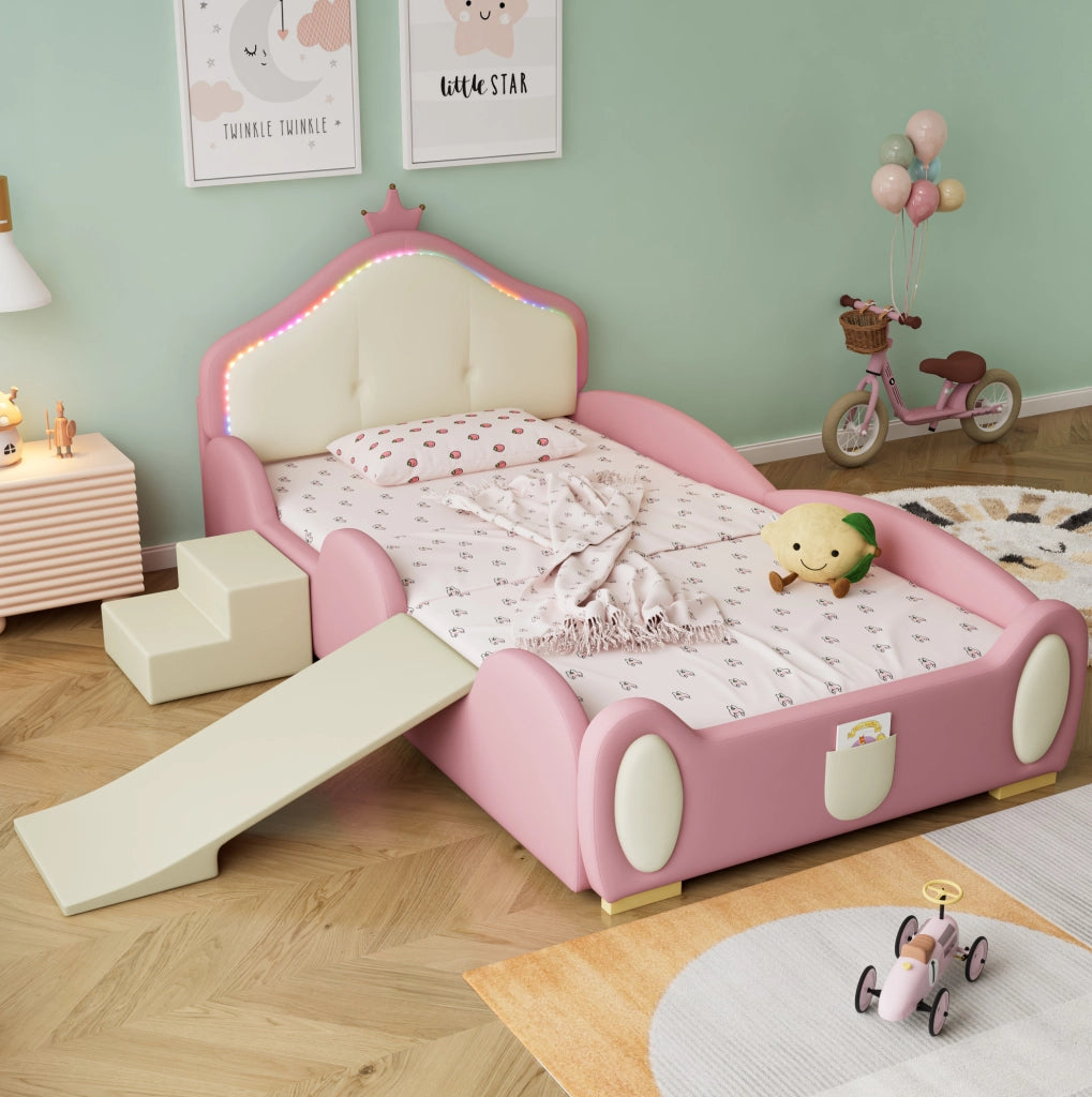 Letto imbottito 90x200 cm con LED; scivolo e scaletta in PU rosa e beige