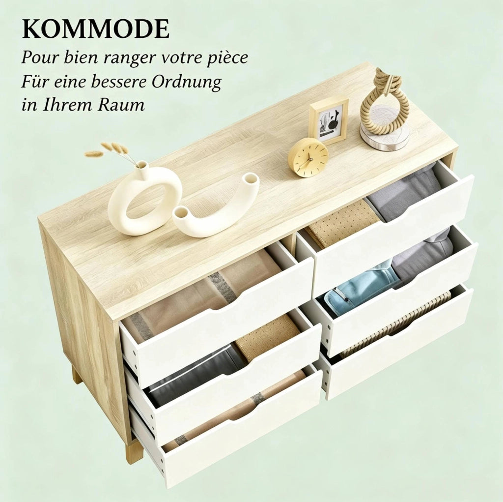 Comò contenitore bianco e rovere 120x40x76 cm con 6 cassetti e gambe in legno