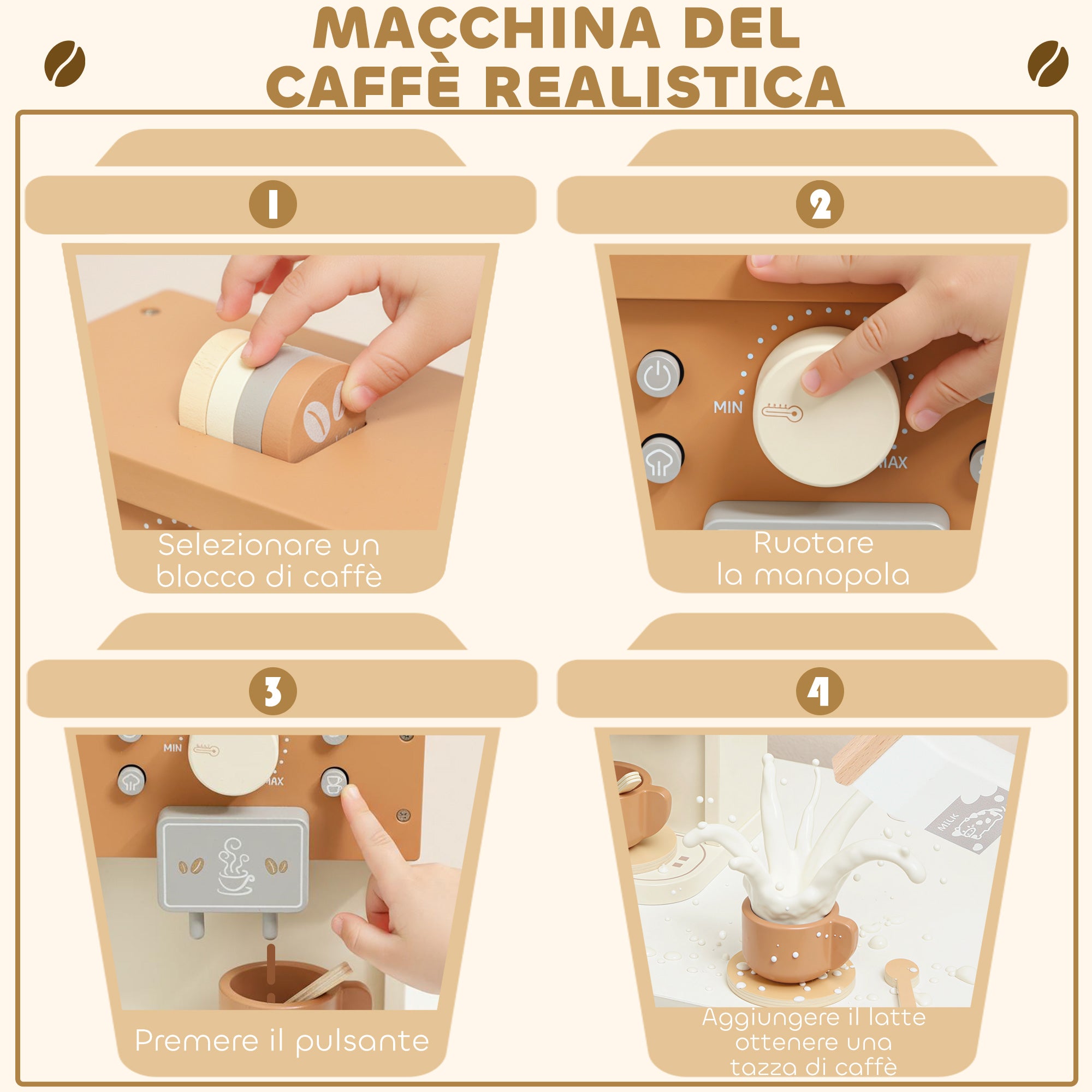 Macchina del Caffè Giocattolo per Bambini con Accessori in Legno Marrone