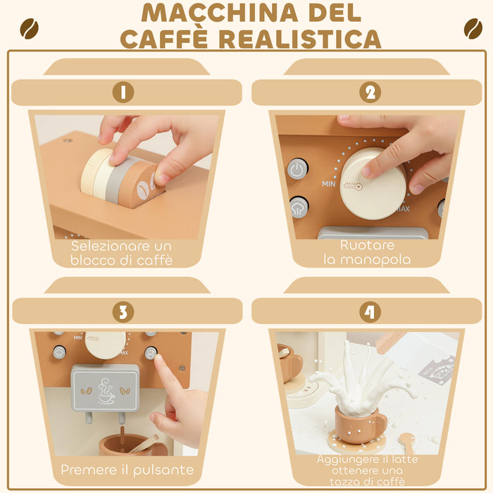 Macchina del Caffè Giocattolo per Bambini con Accessori in Legno Marrone