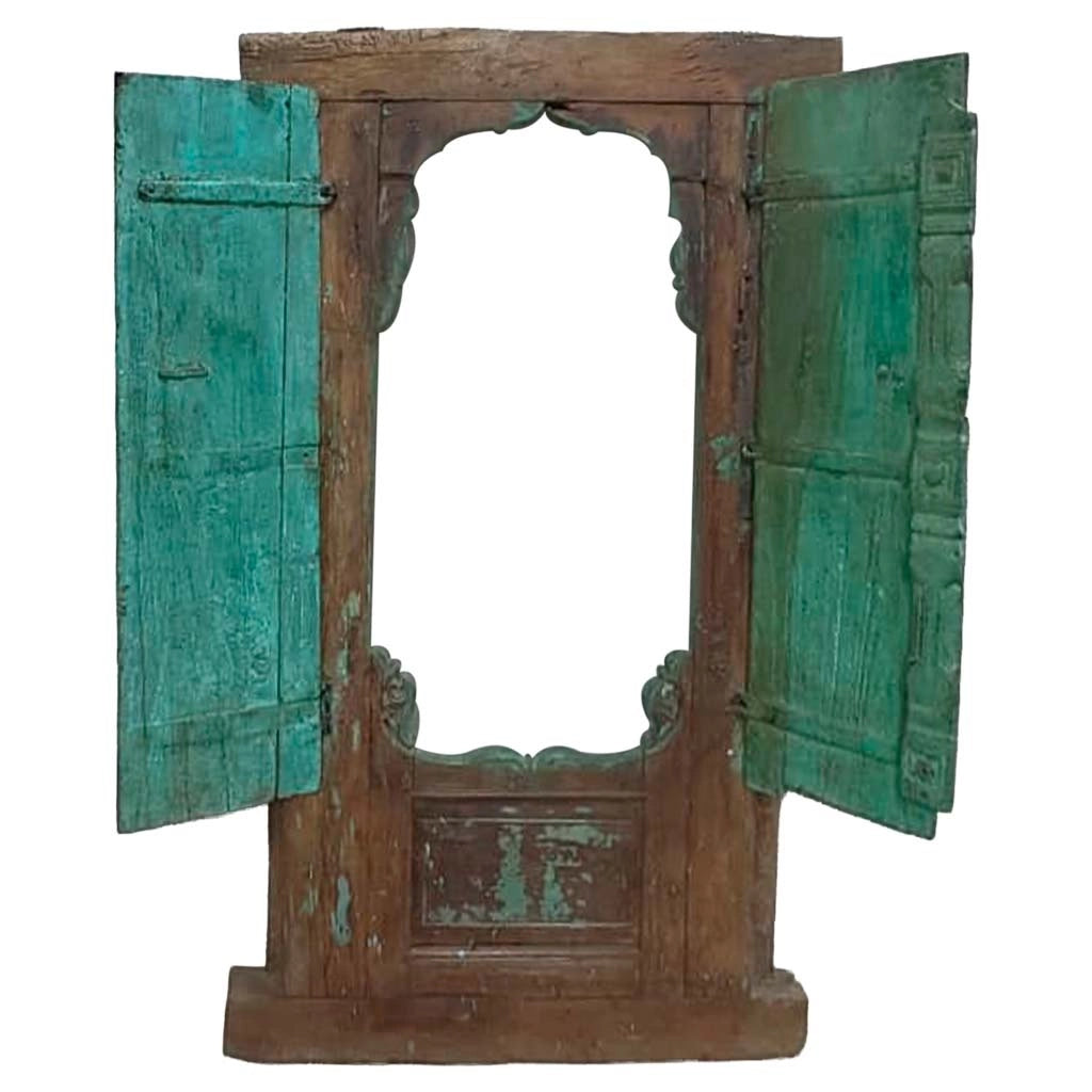 Finestra in legno con finitura artigianale blu, 91x10x153h cm