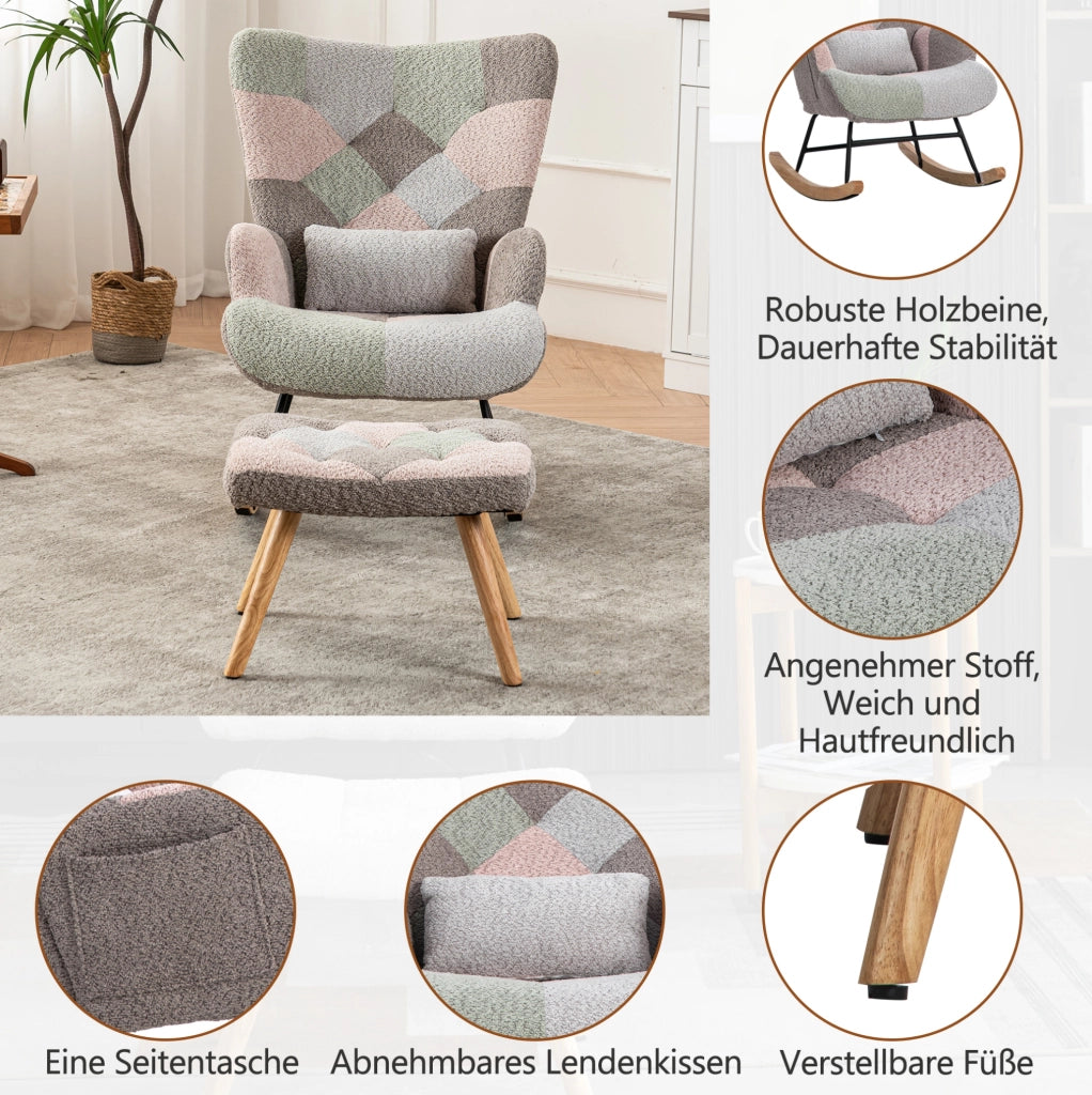 Sedia a dondolo multicolore con poggiapiedi e cuscino lombare, altezza 93 cm