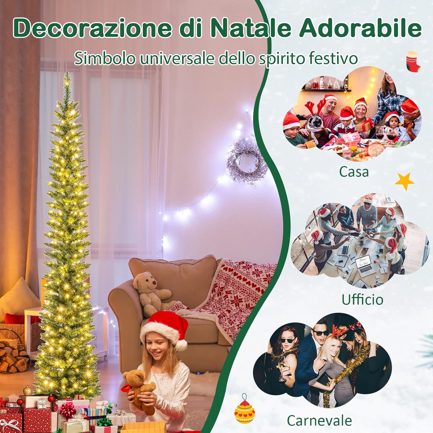 Albero di Natale Slim da 150/180/210 CM, Albero di Natale Artificiale con 296/390/499 Punte di Ramo, 150/180/200 Luci LED Bianche Calde, Supporto Pieghevole in Metallo (210 cm)