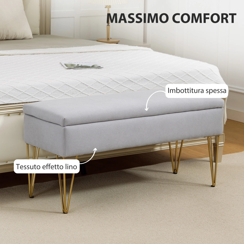 Panca Fondo Letto con Contenitore 100x40x49 cm in Tessuto e Gambe in Acciaio Grigio Chiaro