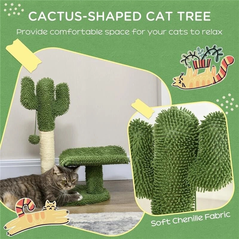 ALBERO PER GATTI A FORMA DI CACTUS CON TIRAGRAFFI E PALLINA DA GIOCO, 35X31X55.5 CM, VERDE E BIANCO