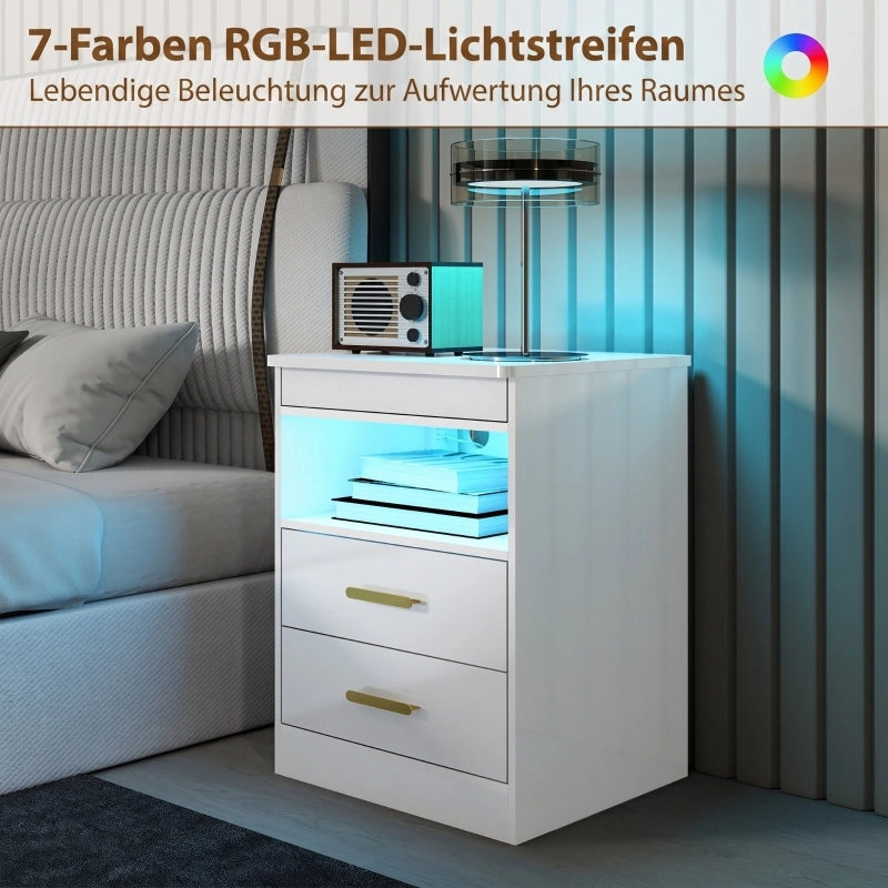 COMODINO con stazione di ricarica, RGB LED, 45 x 40 x 59 cm, bianco lucido