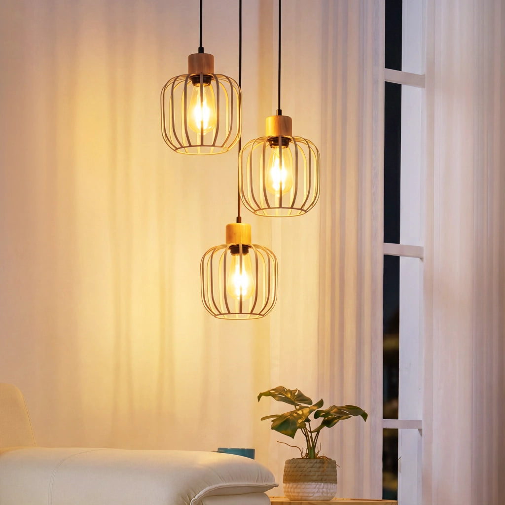 ZMH Lampada a Sospensione 3 Luci Grigio Legno Rotonda E27 Moderna per Soggiorno Cucina Isola Corridoio Senza Lampadina