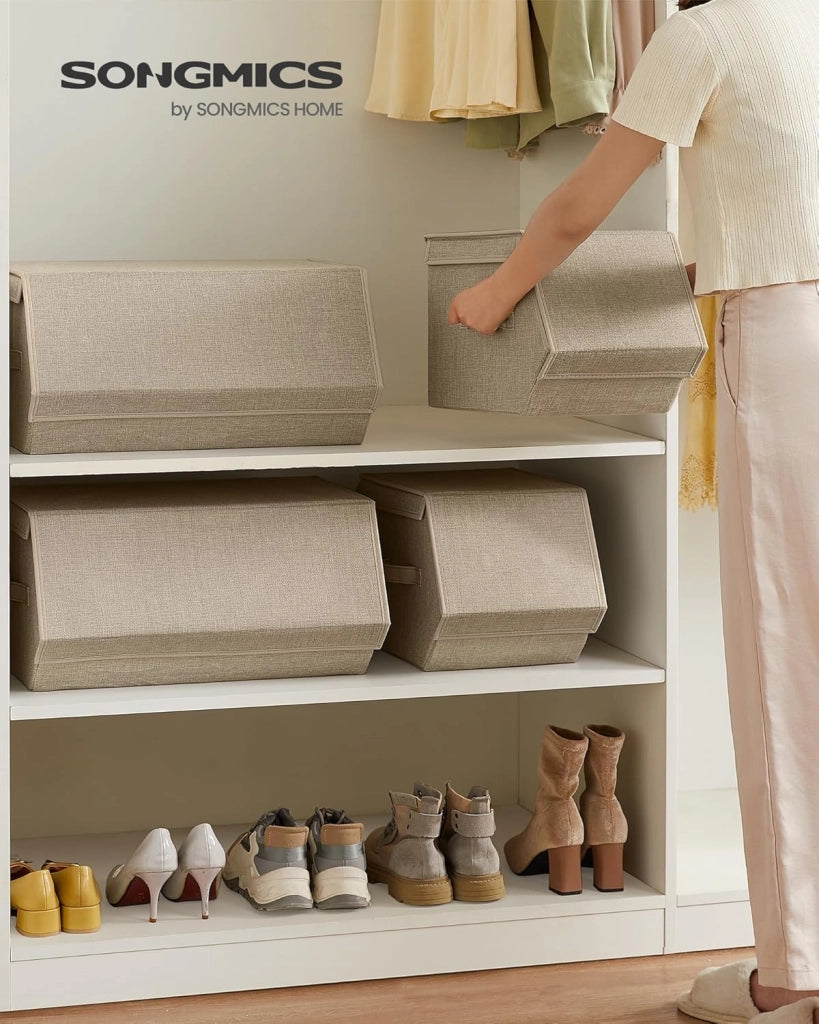 Set di 4 Scatole con Coperchio, Organizzatori Impilabili per Armadi, Contenitori con Chiusura Magnetica, in Tessuto, Struttura in Metallo, per Libri Vestiti, Beige Sabbia