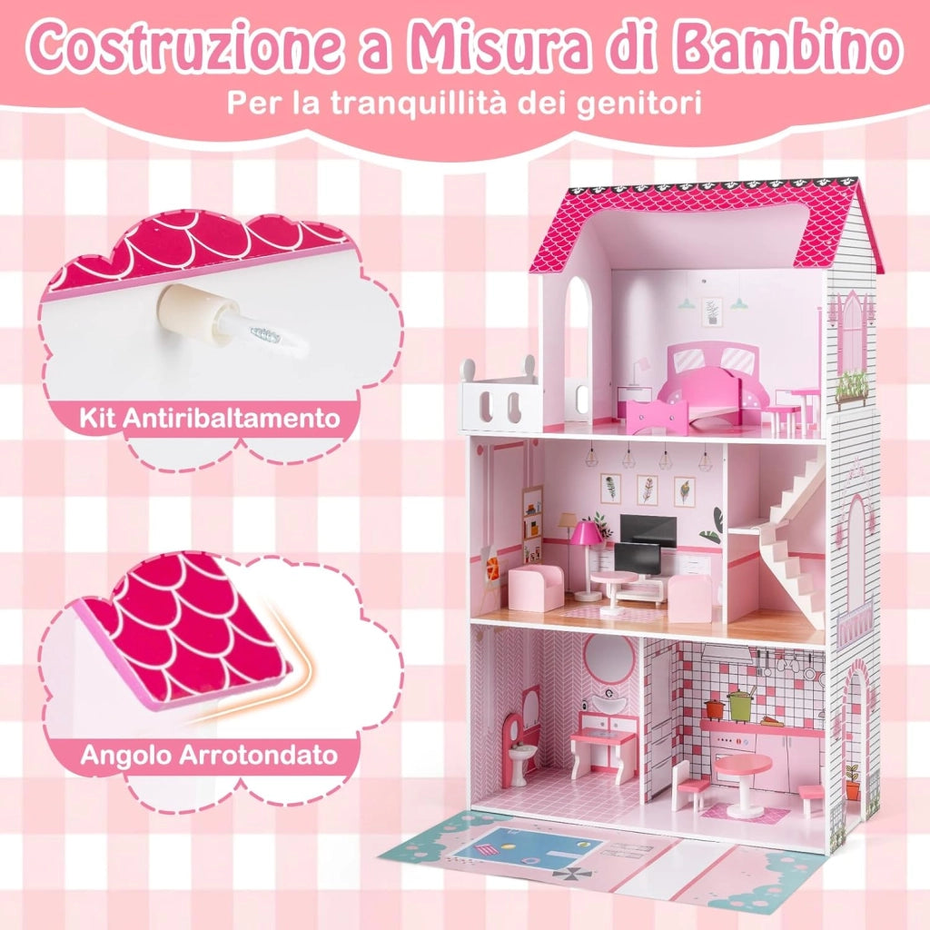 Casa delle Bambole a 3 Piani in Legno, Casa Barbie con Scale e 17 Pezzi di Mobili Completi, Villa da Principessa Fai-da-Te Giocattolo per Bambini 3+ Anni, 74,5 x 63 x 120,5 cm (Rosa)