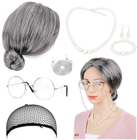 Costume per anziana - Set di accessori da travestimento - Grigio - Parrucca da nonna - Inclusa collana e orecchini - Adatto per feste e serate tematiche