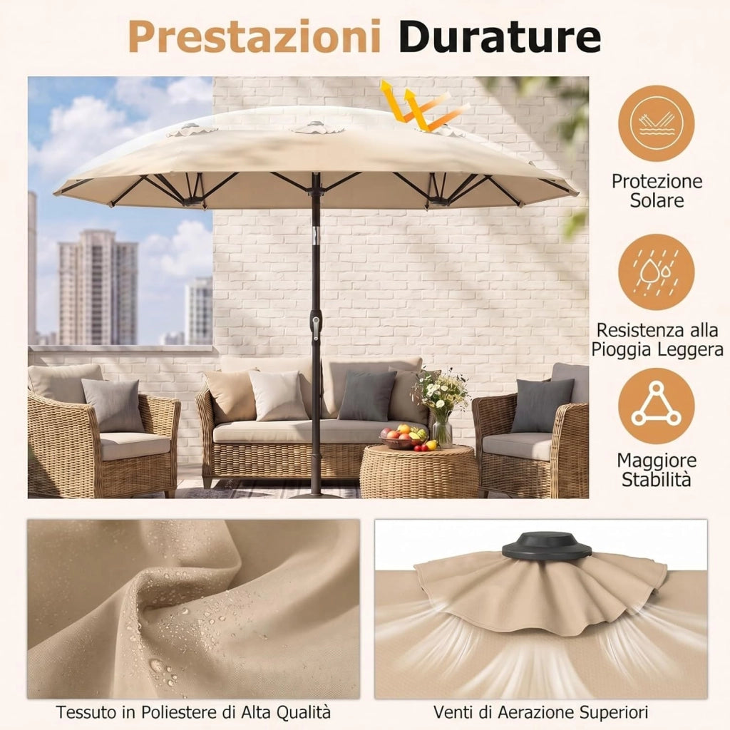 Ombrellone da Giardino Doppio 285 cm, in Tessuto con 12 Stecche Resistenti e Maniglia a Manovella Scorrevole, Anti-UV, senza Base, per Giardino e Piscina, 285 x 147 x 220 cm