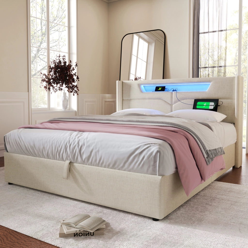 Letto imbottito 140x200 cm beige con LED, USB/Type-C, vano contenitore e materasso H3
