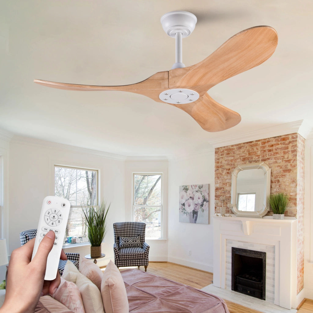 Ventilatore da soffitto in legno con telecomando; motore DC silenzioso; 6 velocità; bianco e naturale