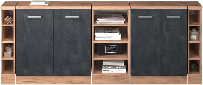 Set di mobili sottotetto Rion, Calcestruzzo nero, 210 cm Set di 5 carcasse armadio profondità 60 cm, adatto per il salvaspazio sotto tetti spioventi