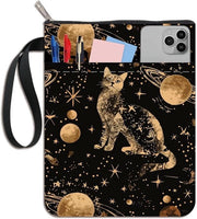 Hoes per libri con protezione stellare e lunare, chiusura a raccordo e tasca aggiuntiva, materiale lavabile.