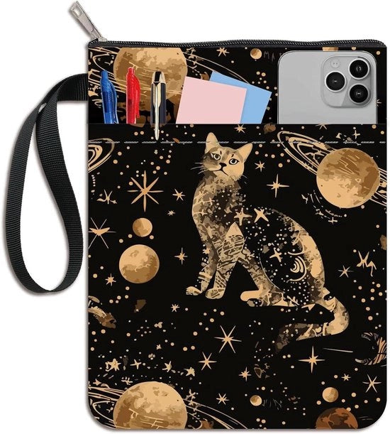 Hoes per libri con protezione stellare e lunare, chiusura a raccordo e tasca aggiuntiva, materiale lavabile.