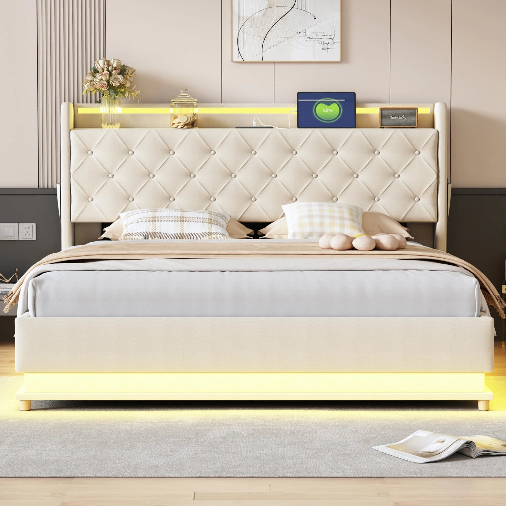 Letto Contenitore 160x200 cm; USB; LED Multicolore e in Tessuto Imbottito Beige