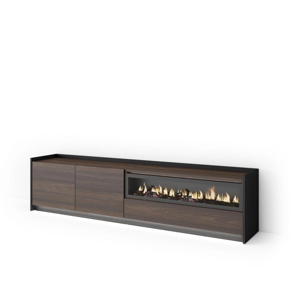 Mobile TV Soggiorno, 207x50x37 cm, Per TV fino a 80", Camino elettrico, LED, Rovere scuro e Nero